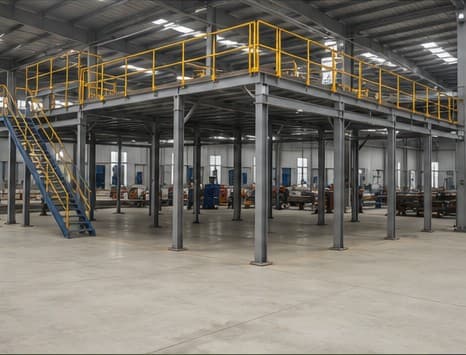 Realistic PEB factory interior with steel mezzanine, stairs, guardrails and columns